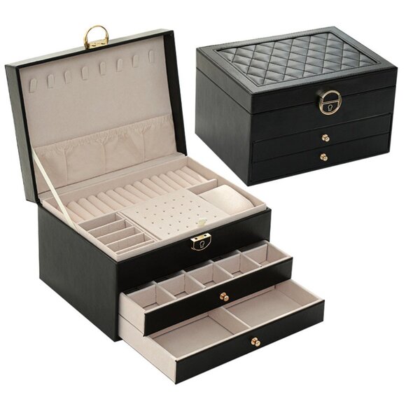 Best Gift Idea Three Layer Lockable PU Leather Jewelry Storage Box w/ Drawers - Picture 6 of 9